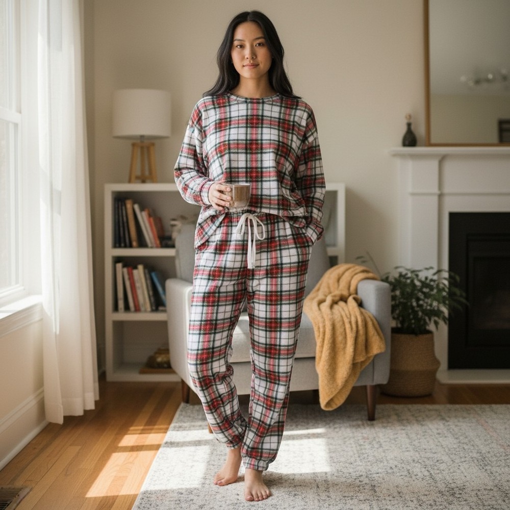 GapBody Pajama Set M/XS Red White Plaid Fleece Long Sleeve Jogger Excellent‎